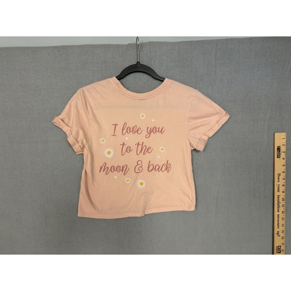 Vibe N Womens Graphic Crop Top T-Shirt Size S Pink Peach Moon Daisy Flowers